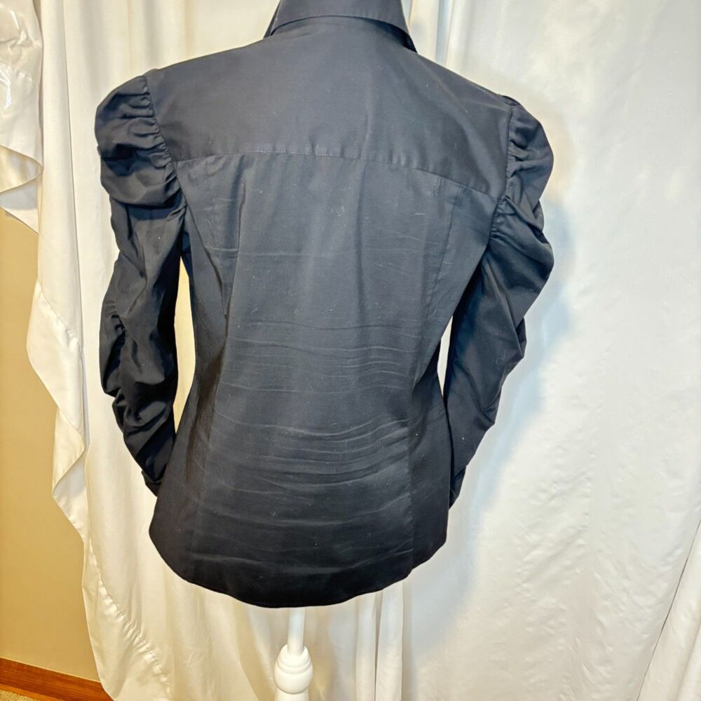 INC International Concepts Black Ruched Sleeve Button-Up Blouse Top - Picture 4 of 7